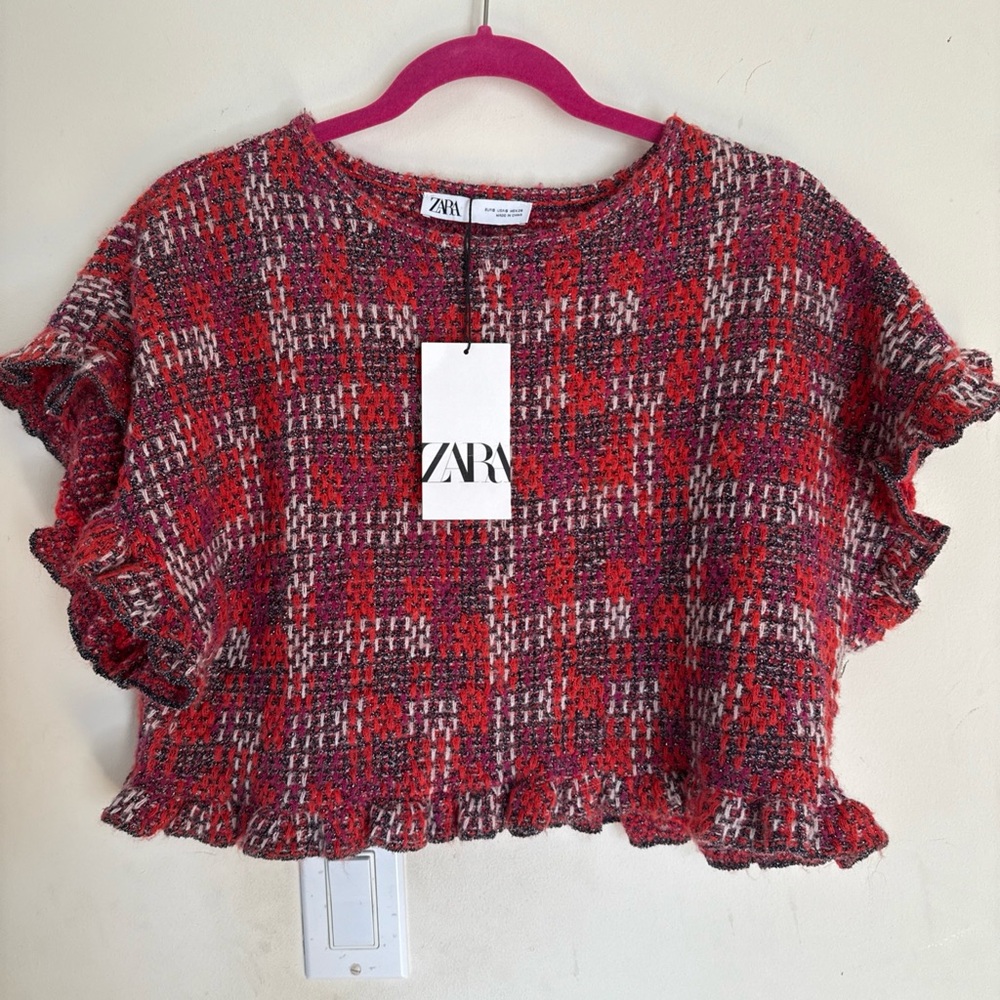 Zara Red plaid  top sweater with ruffle sleeves and hem metallic thread mixed in